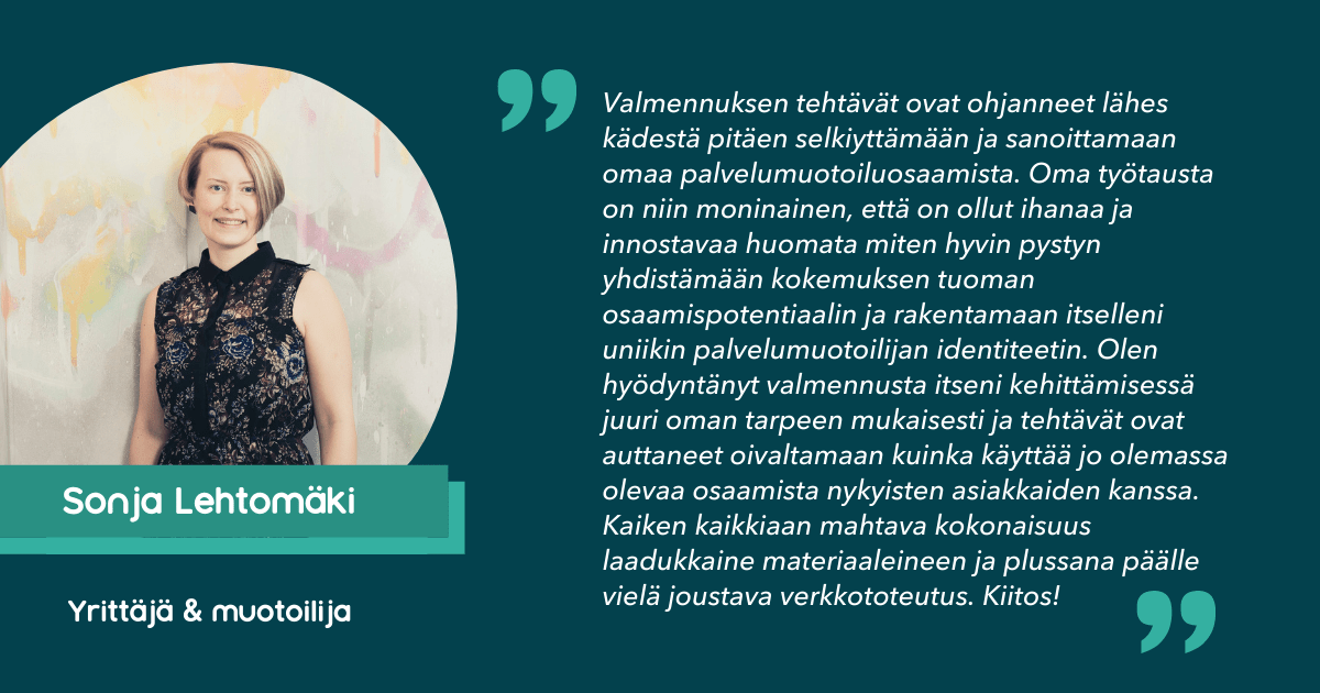 Sonja Lehtomäki osallistu palvelumuotoilijan ALOITTAJA-valmennukseen